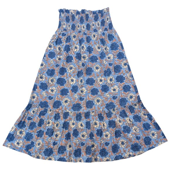 Fitzroy & Willa Dresses & Skirts - FITZROY & WILLA Cotton Maxi Skirt M Floral Blue Ruffle Hem Stretch Waist Smocked